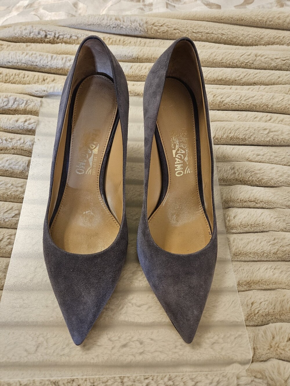 Gray Salvatore Ferragamo Suede Heels - 11B. Sugested for Size 10 Wearers.
